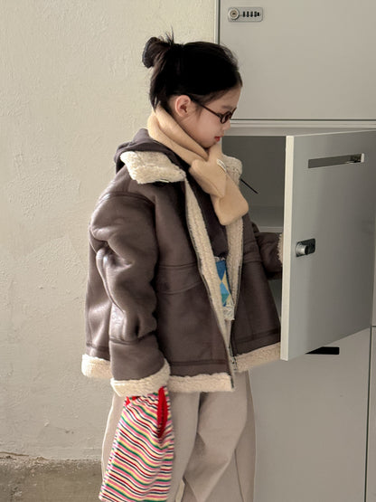 フェイクムートンジャケット キッズ ボア 厚手 ラペル フェイクレザー アウター【mh0011677】