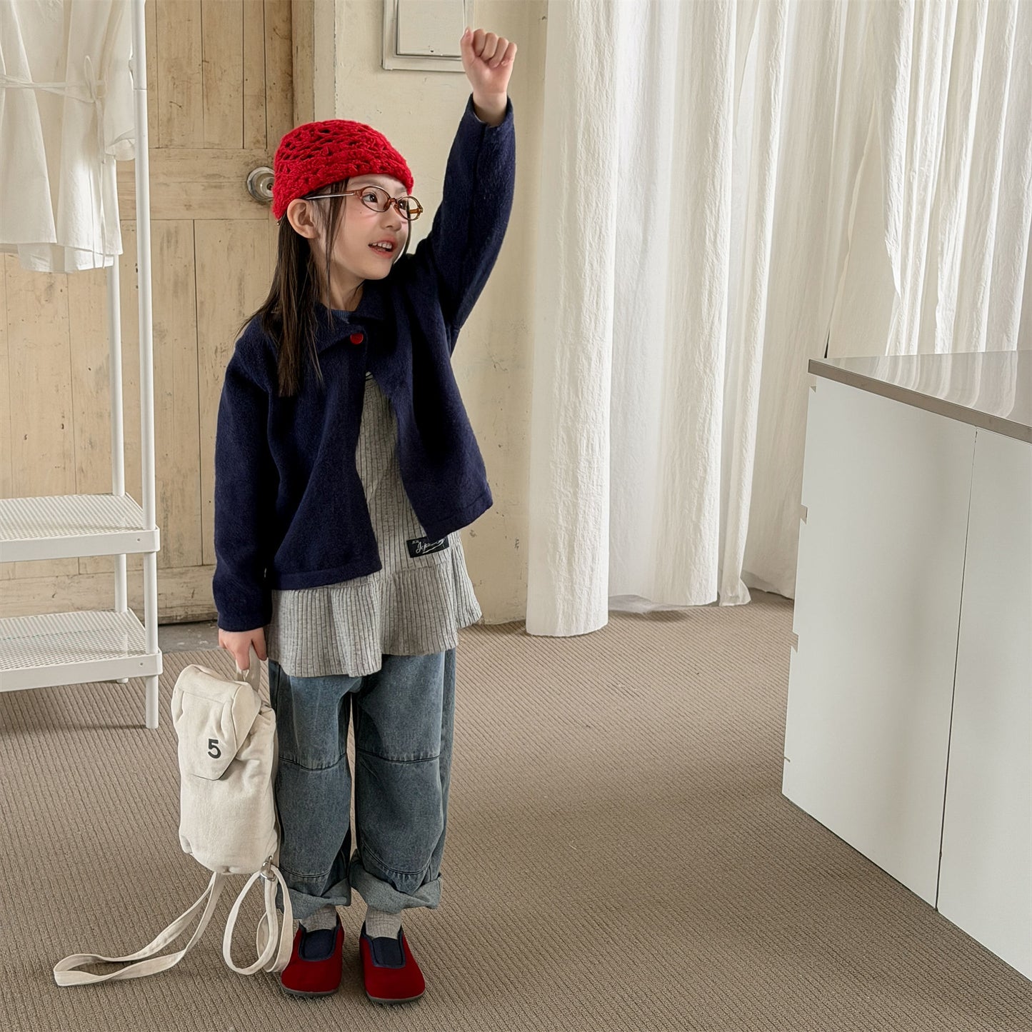 Kids' Polka Dot Collared Button-Up Long-Sleeve Knit Cardigan [mh0014056]