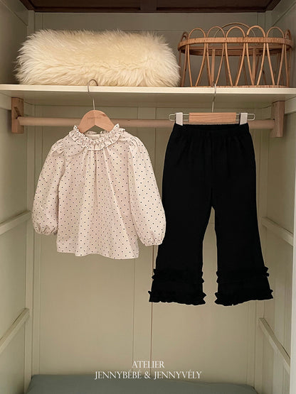 Blusa de manga larga con volantes y estampado de puntos para niñas + pantalón acampanado [mh0014657]