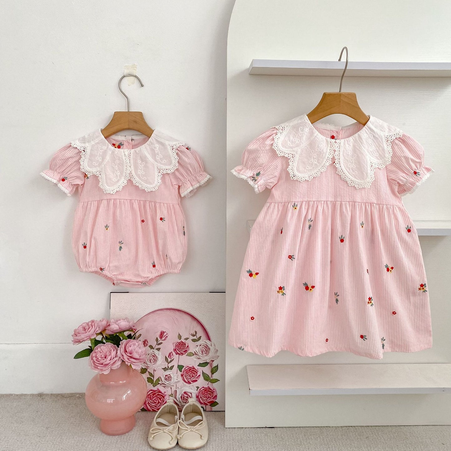 Stripe Embroidery Romper Dress Mono-vestido con bordados de rayas [mh0013168]