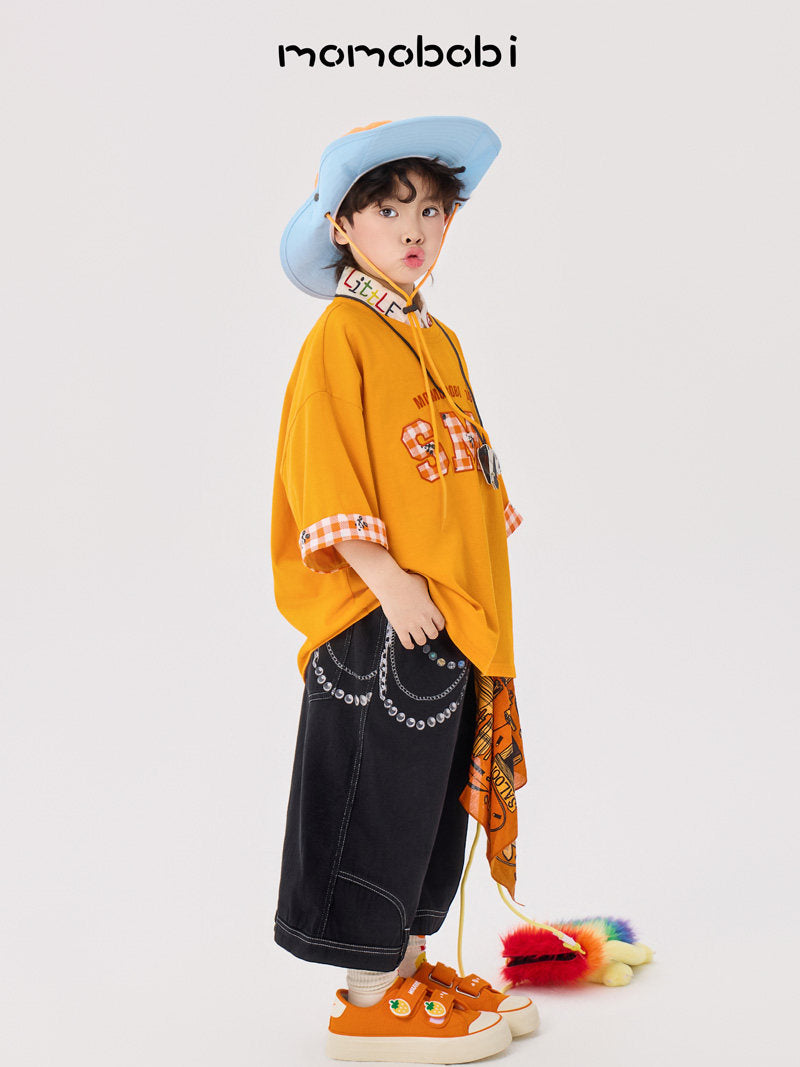 Checkered Patchwork Tee Denim ギンガムロゴ 半袖Tシャツ デニムハーフパンツ【mh0012992】