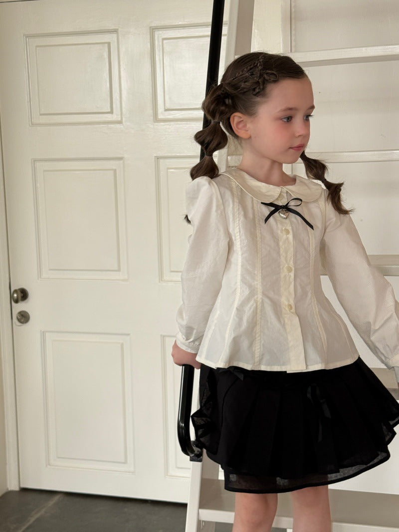 Kids' Peter Pan Collar Long-Sleeve Blouse with Front Ribbon and Pintucks [mh0014070]
