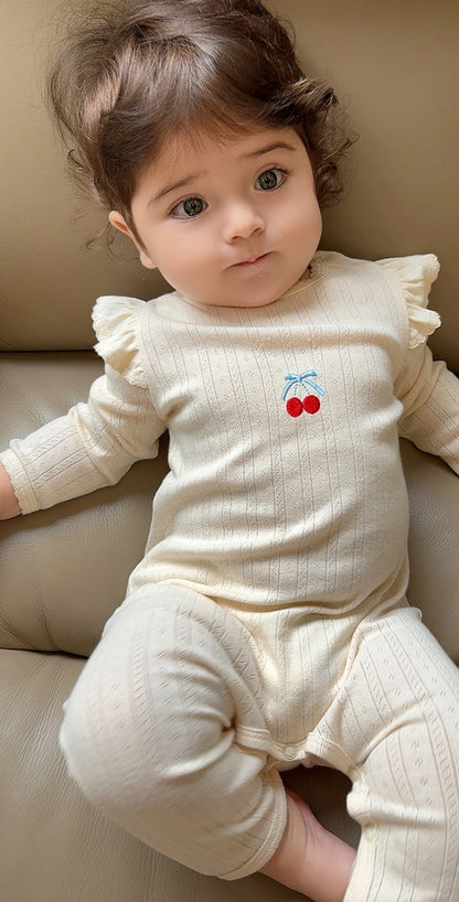 長袖ロンパース コットン フリル 刺繍 リブ カバーオール【mh0011699】