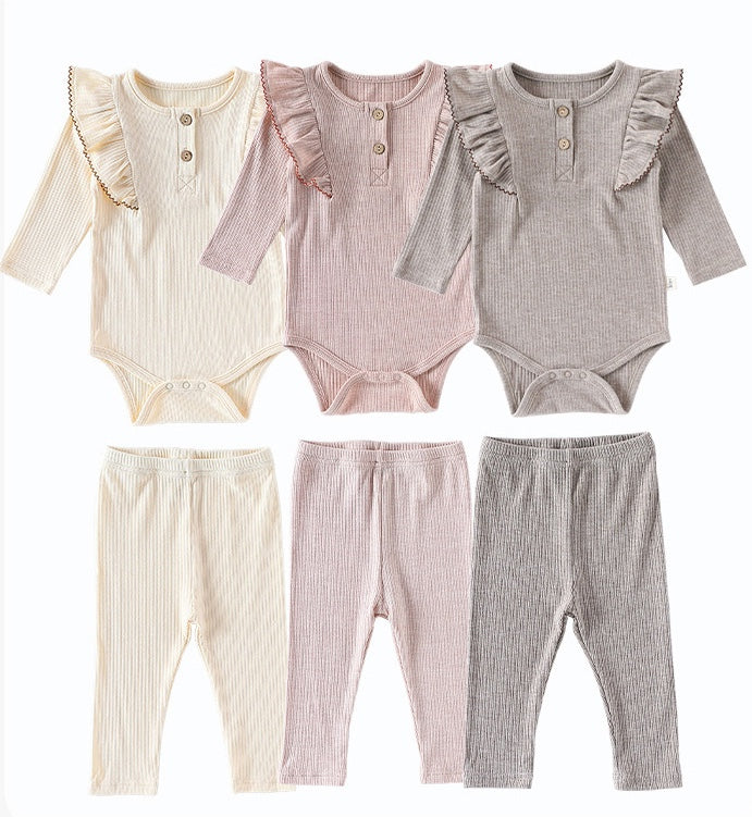 長袖ロンパース/パンツ ショルダーフリル 無地 ベーシック ボディスーツ【mh0011729】