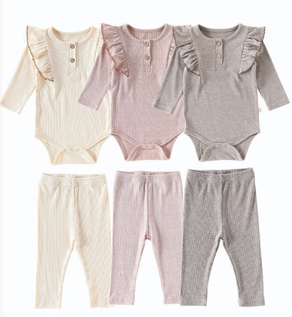 長袖ロンパース/パンツ ショルダーフリル 無地 ベーシック ボディスーツ【mh0011729】