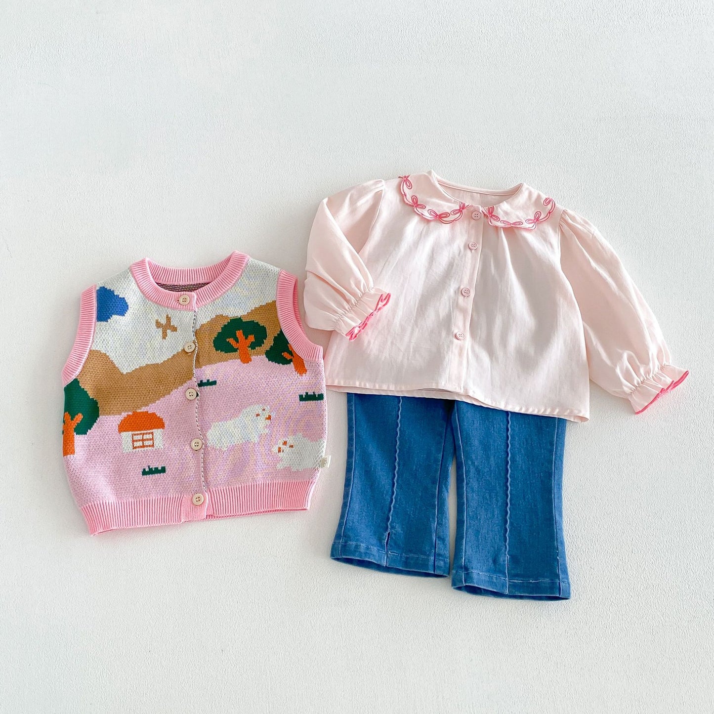 Chaleco de punto jacquard para niños, camisa de manga larga con volantes, pantalones vaqueros【mh0014038】