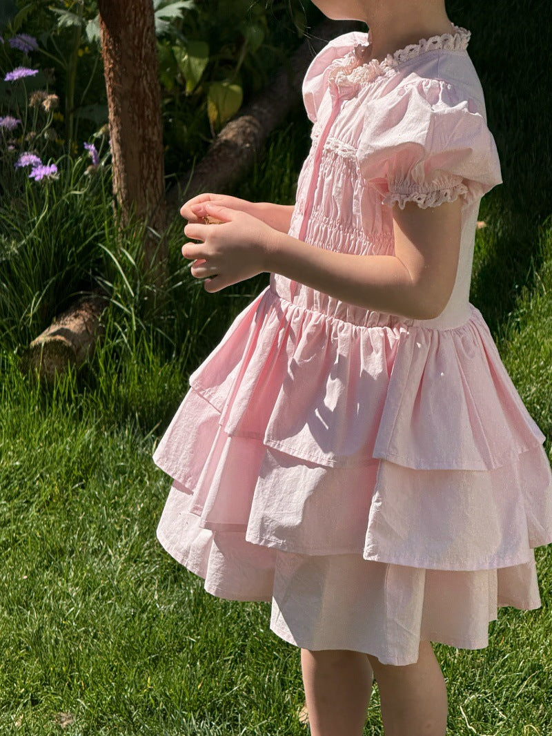 French Vintage Puff Sleeve Princess Dress ティアード 半袖ワンピース【mh0013252】