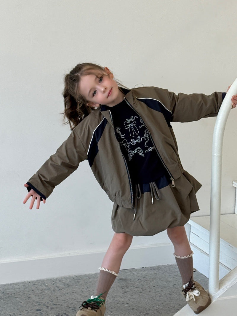 Kids' Colorblock Stand-Collar Long-Sleeve Jacket & Mini Skirt Set [mh0014079]