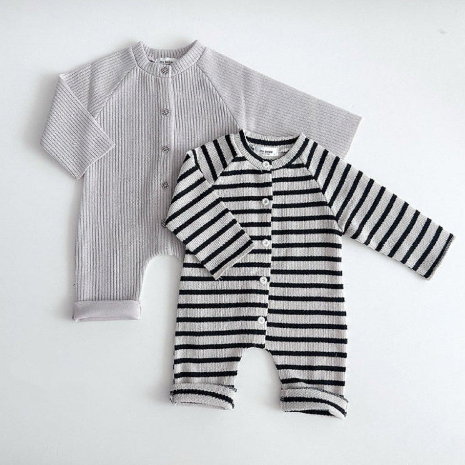 Body de bebé de punto canalé a rayas con botones frontales y manga larga【mh0014649】