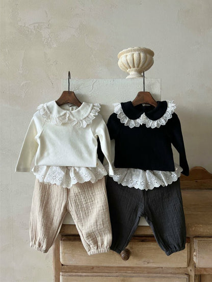 Camiseta de manga larga para bebé o niño/a con cuello de doble volante【mh0014704】