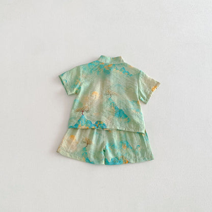 Chinese Style Printed Button Set オリエンタル 花柄 半袖 セットアップ【mh0012718】