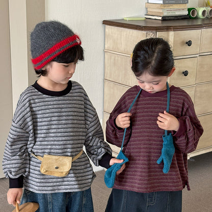 キッズ ボーダー ルーズ長袖クルーネックTシャツ（グレー／ボルドー）