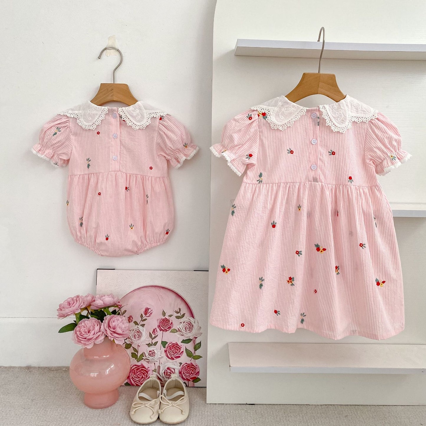 Stripe Embroidery Romper Dress Mono-vestido con bordados de rayas [mh0013168]