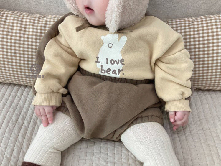 Bear Fleece Sweatshirt & Shorts Set クマ プリント 裏起毛 セットアップ【mh0012681】