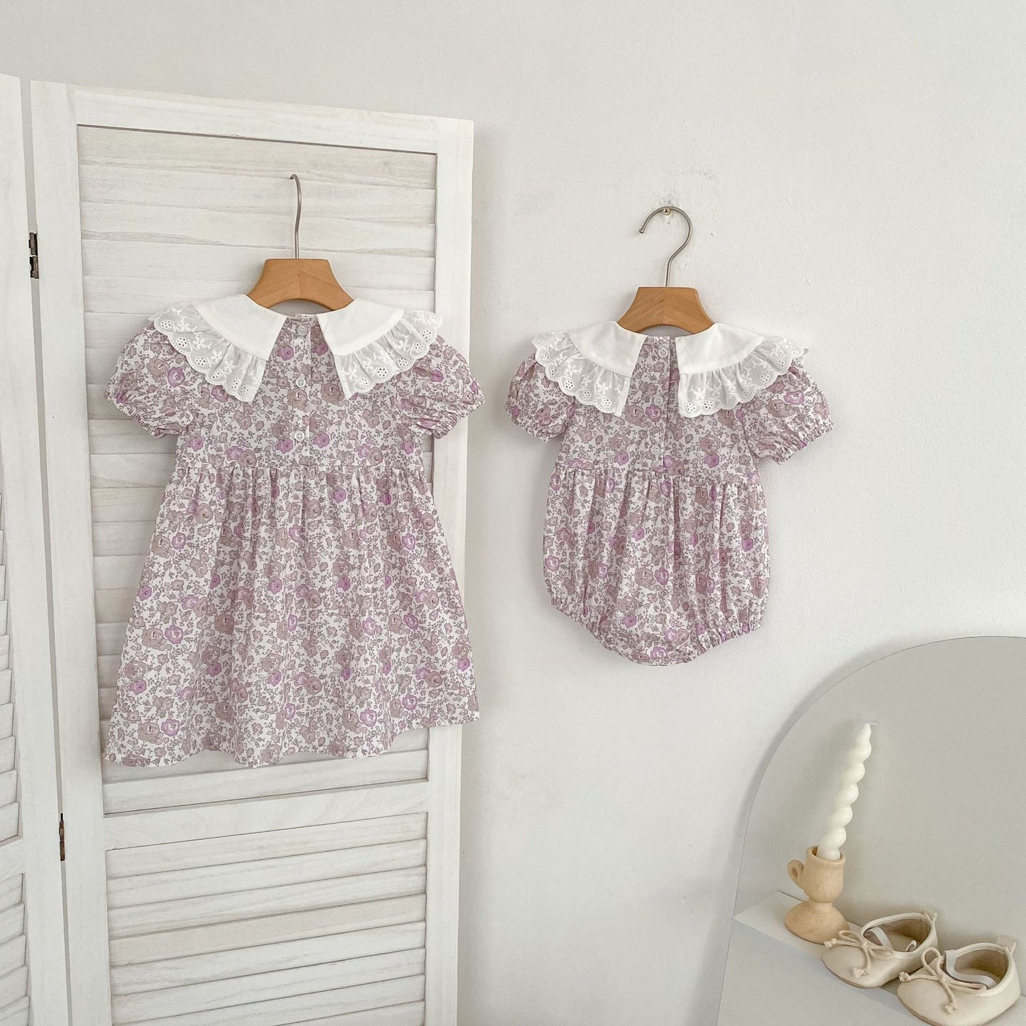 Floral Lace Collar Dress Romper Vestido con cuello de volantes y mangas cortas Mameluco de manga corta【mh0013156】