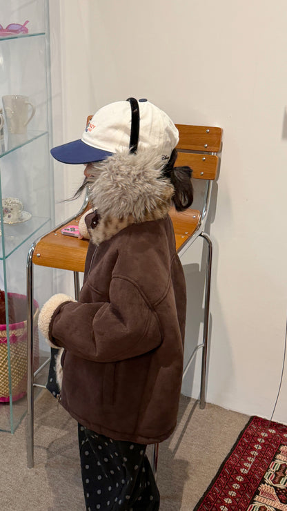 Chaqueta de antelina con cuello de pelo de leopardo y pantalones largos de lunares para niños y jóvenes 【mh0014693】