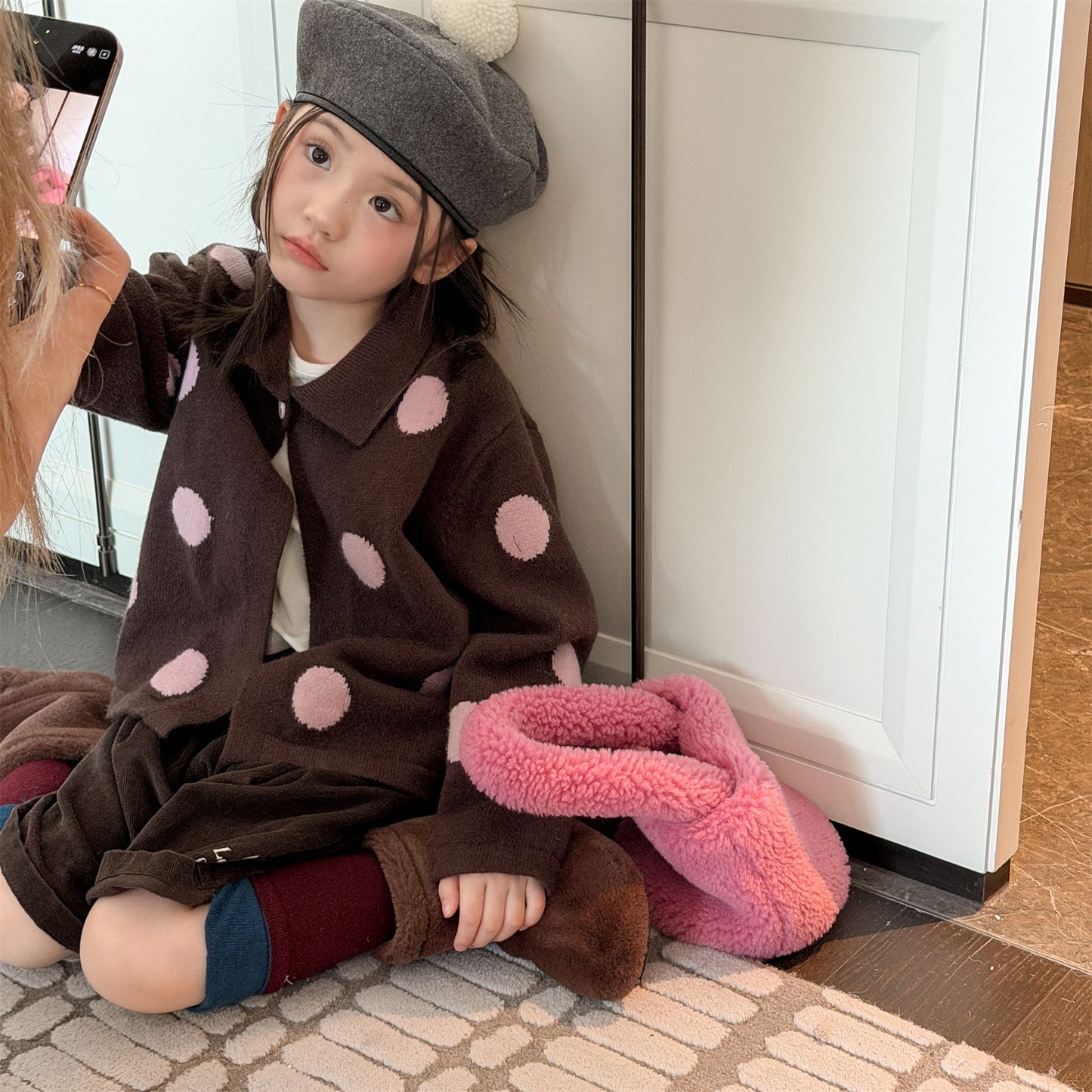 Kids' Polka Dot Collared Button-Up Long-Sleeve Knit Cardigan [mh0014056]