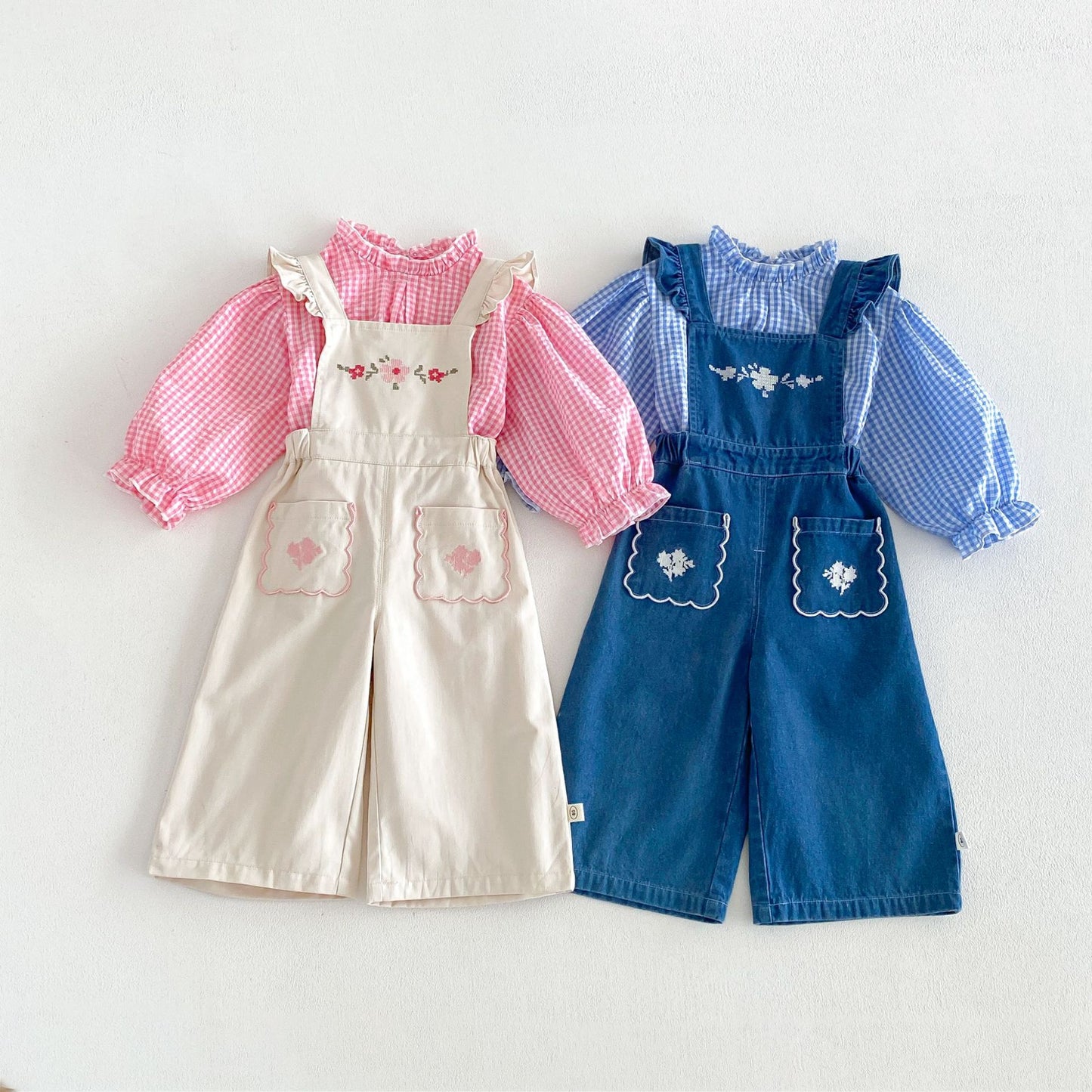 Blusa de manga larga con estampado de cuadros vichy para niños, con bordado floral y peto con pantalón [mh0014043]