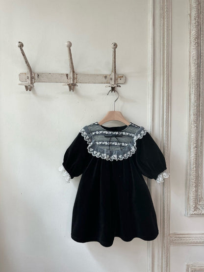 長袖ワンピース ベロア レースリボン パフスリーブ ドレス フォーマル【mh0011635】