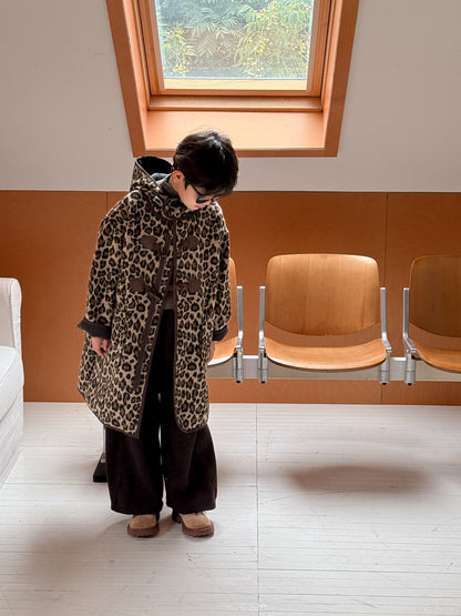 ダッフルコート キッズ レオパード柄 中綿 裏起毛 フード付 ロング丈【mh0011678】