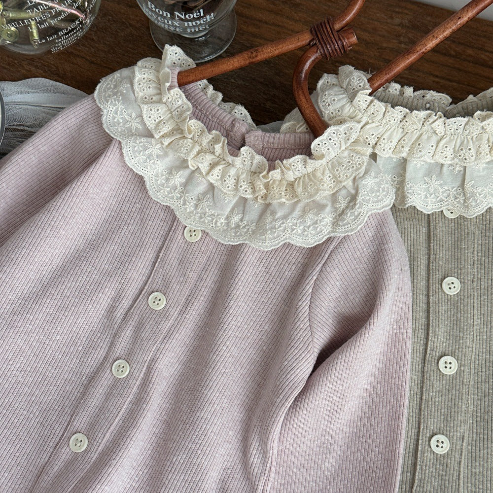Camiseta de manga larga para bebés y niños, con cuello con volantes, bajo con volantes y botones frontales, tejido de canalé [mh0014486]