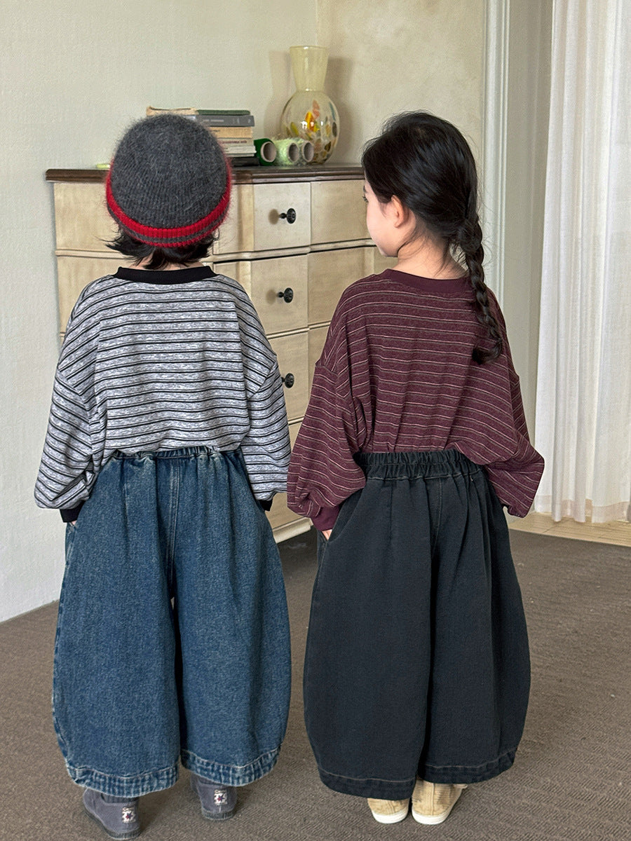 キッズ パッチワーク ウォッシュ ワイド ルーズ クロップド デニムパンツ【mh0014299】