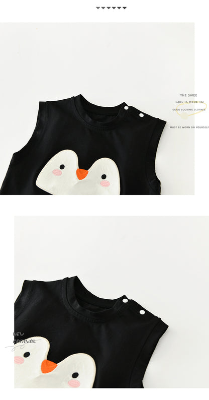 Penguin Applique Sleeveless Set ボーダー ノースリーブTシャツ セット【mh0012846】