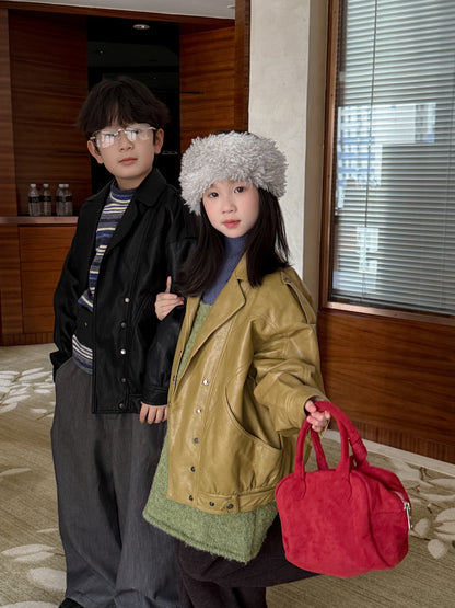 フェイクレザージャケット キッズ  厚手 ラペル モード ライダース【mh0011668】