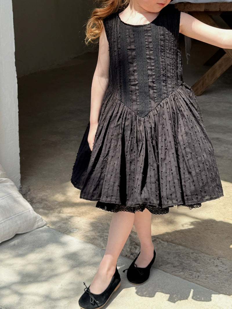 Textured Mesh Puffy Skirt ブラック ノースリーブワンピース【mh0012796】