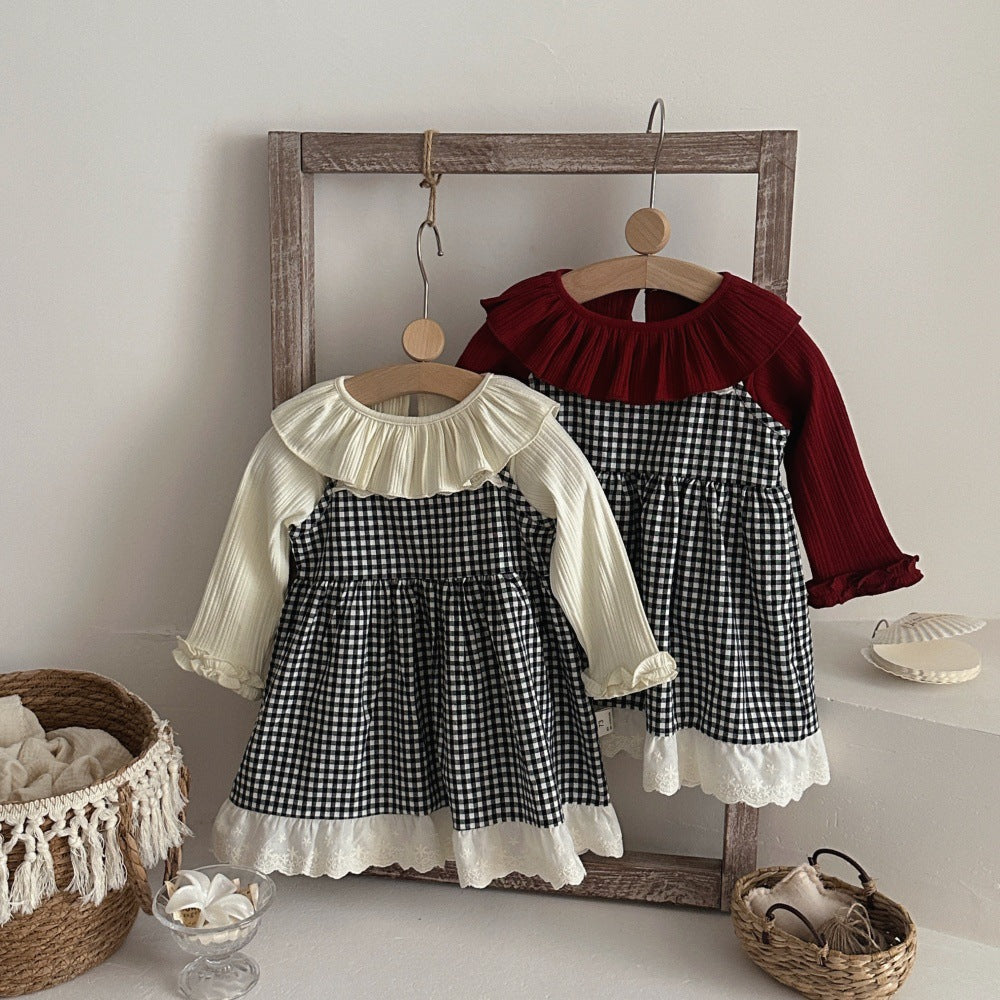Vestido camisero de tirantes para bebé y niña con estampado de cuadros vichy, cuello con volantes, acabado en ondas y detalle de encaje, incluye camiseta de manga larga 【mh0014481】