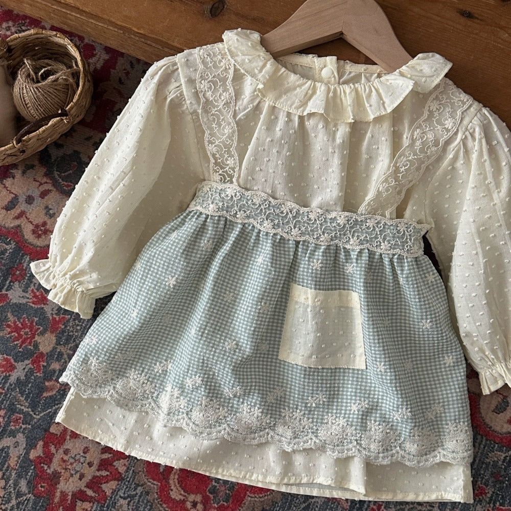 Vestido de manga larga para bebé y niña con cuello con volantes, jacquard, estampado de cuadros vichy y vestido tipo camisola con encaje 【mh0014482】