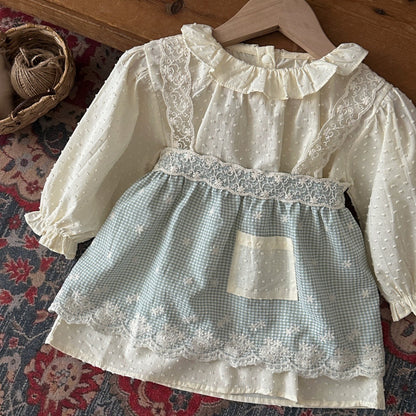 Vestido de manga larga para bebé y niña con cuello con volantes, jacquard, estampado de cuadros vichy y vestido tipo camisola con encaje 【mh0014482】