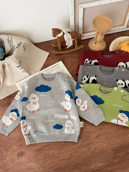 ニットセーター アヒル柄 厚手 クルーネック コットン ルーズフィット【mh0011690】