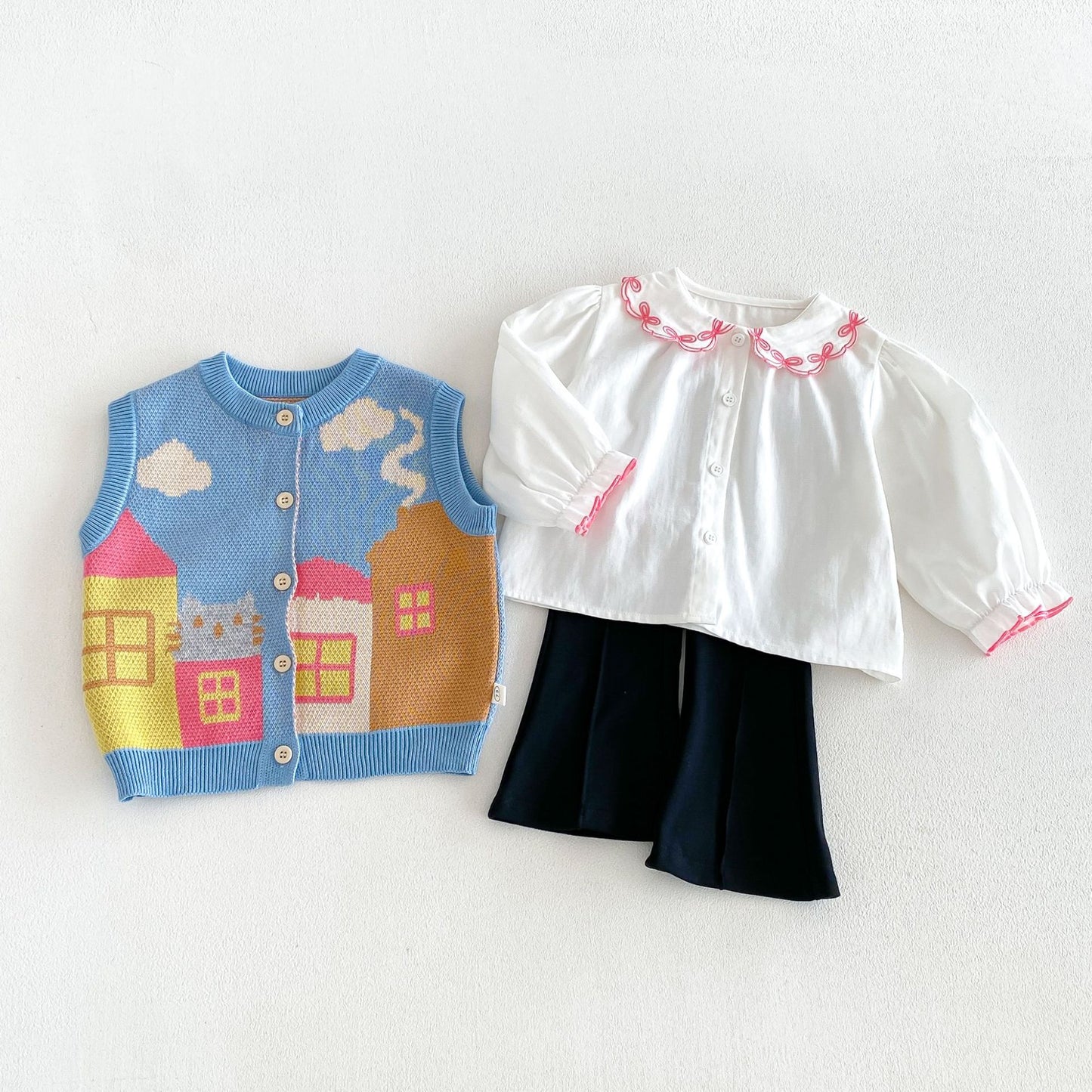 Chaleco de punto jacquard con motivo de casa para niños, cuello con volantes, blusa de manga larga y pantalones acampanados【mh0014046】