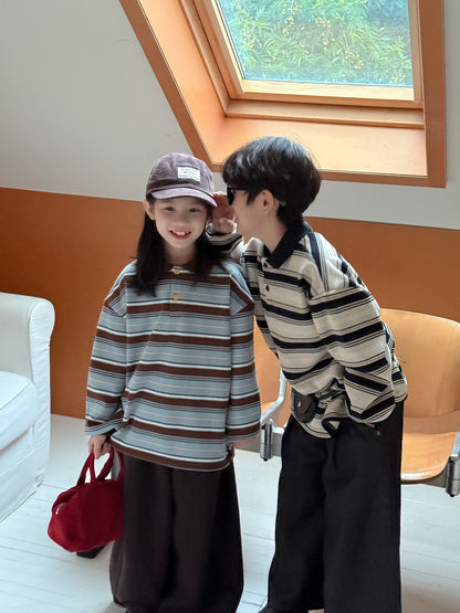 長袖ポロシャツ キッズ ボーダー柄 裏起毛 厚手 ゆったり カジュアル トップス【mh0011669】