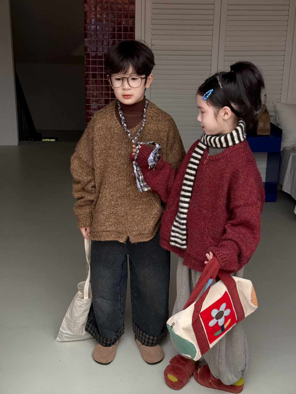 ニットカーディガン キッズ 裏起毛 厚手 無地 ジップアップ カジュアル【mh0011682】