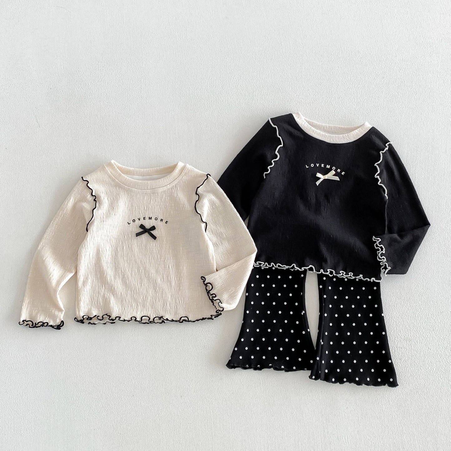 キッズ ロゴプリント メローフリル リボンステッチ 長袖Tシャツ フレアパンツ【mh0014048】