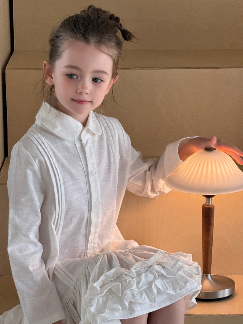 Kids' Ruffled Pintuck Front Button Long-Sleeve Shirt Dress