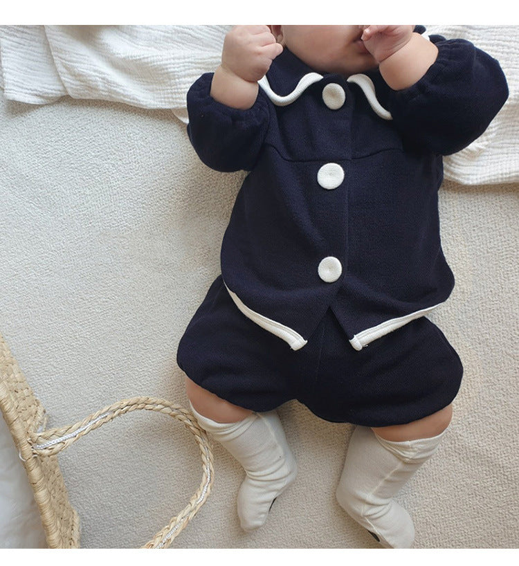 College Style Knit Cardigan & Shorts Set コントラストライン ニット セットアップ【mh0012675】