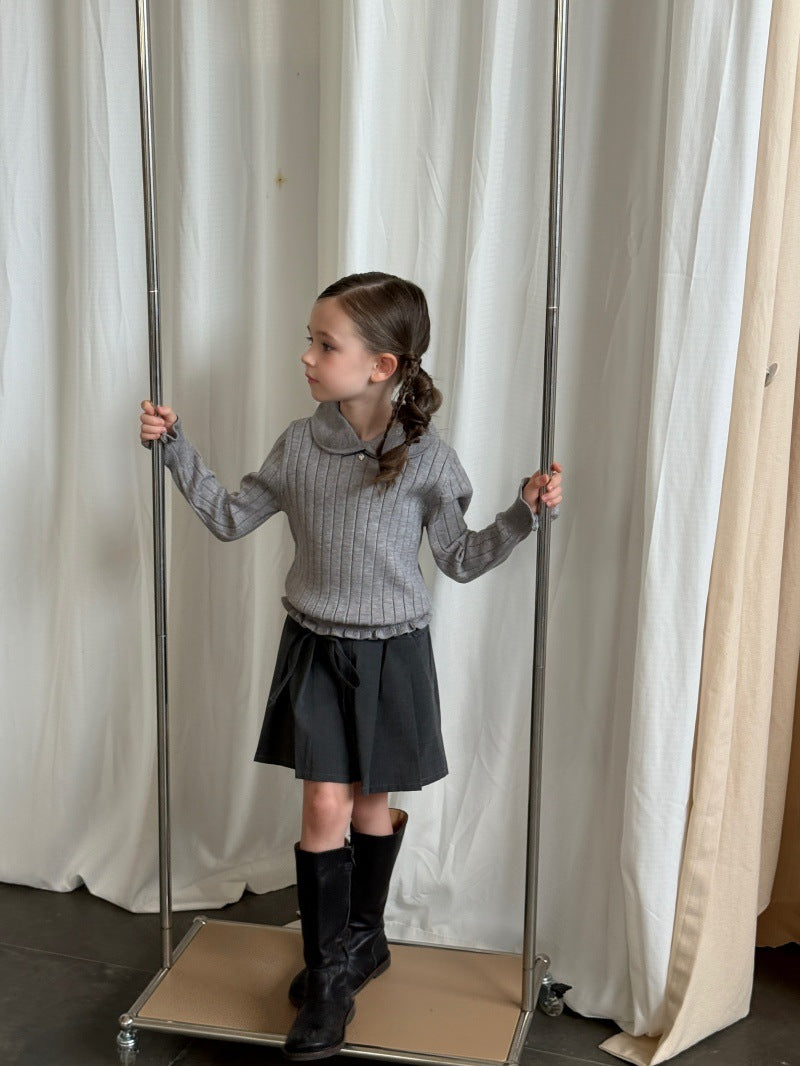 Kids' Ribbed Knit Round Neck Long-Sleeve Pullover with Frills