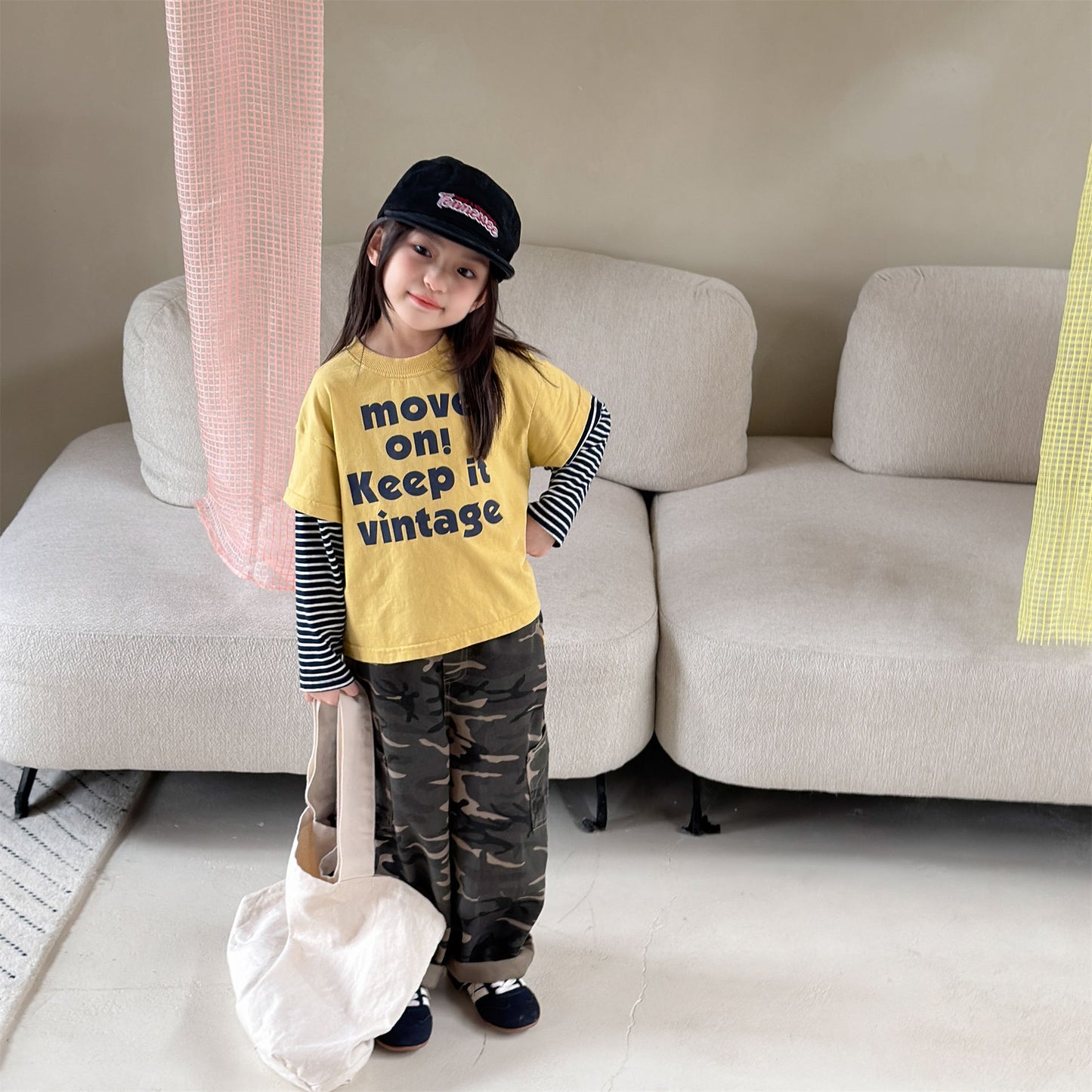 キッズ ボーダー レイヤード風 英字プリント ルーズ 長袖Tシャツ【mh0014068】