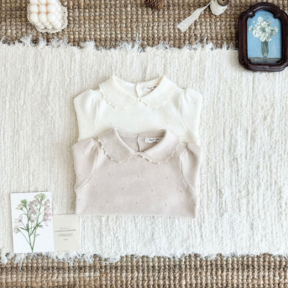Jersey de punto para niños con cuello redondo, volantes, borde festoneado y calados [mh0014616]