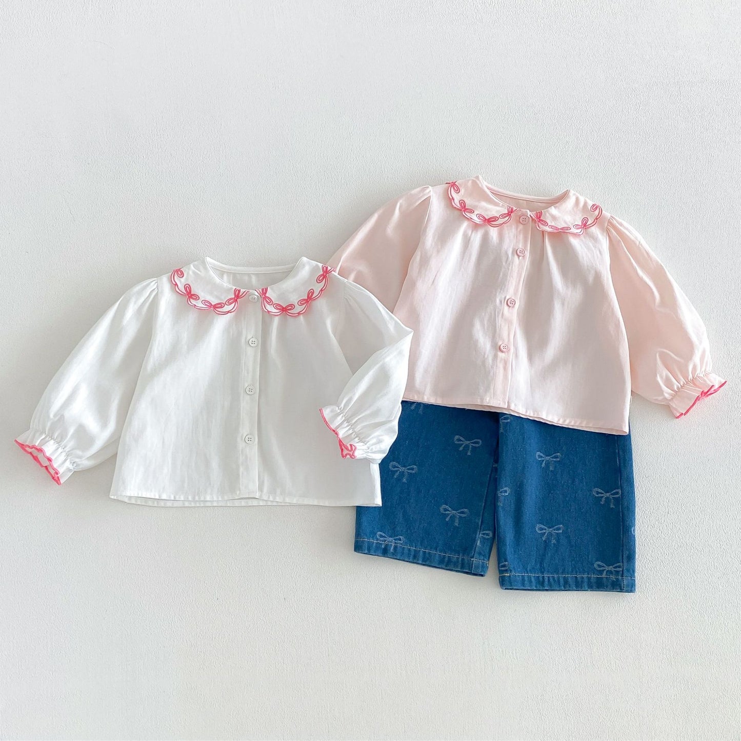 Blusa de manga larga para niños con cuello con volantes y ribetes 【mh0014047】