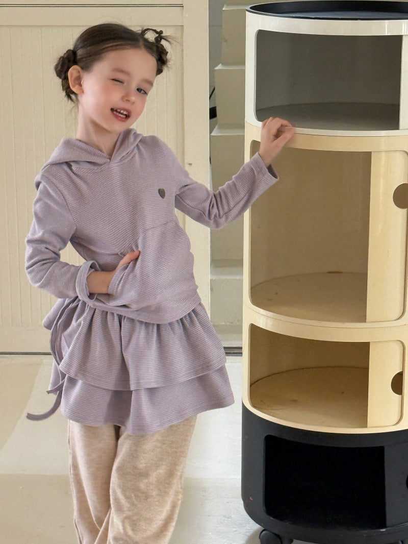 Kids' Bordered Hooded Long-Sleeved Parka and Ruffled Miniskirt Set [mh0014080]
