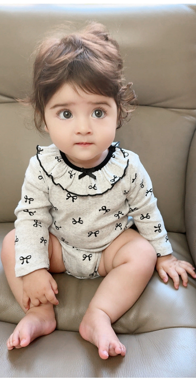 長袖ロンパース ラッフル襟 リボンプリント ボディスーツ【mh0011728】