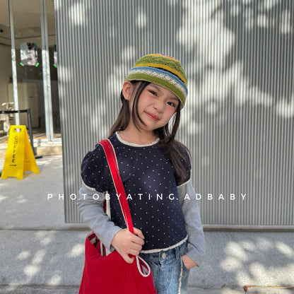 キッズ ドット柄 レイヤード風 メロウ長袖Tシャツ【mh0014551】
