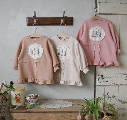 キッズ用スウェットワンピース3色セット（うさぎプリント、裾フリル、前紐）