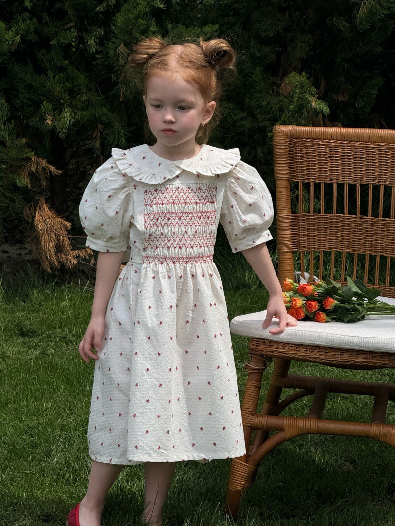 Vintage Cherry Embroidered Sleeve Dress フレンチ 半袖ワンピース【mh0013237】