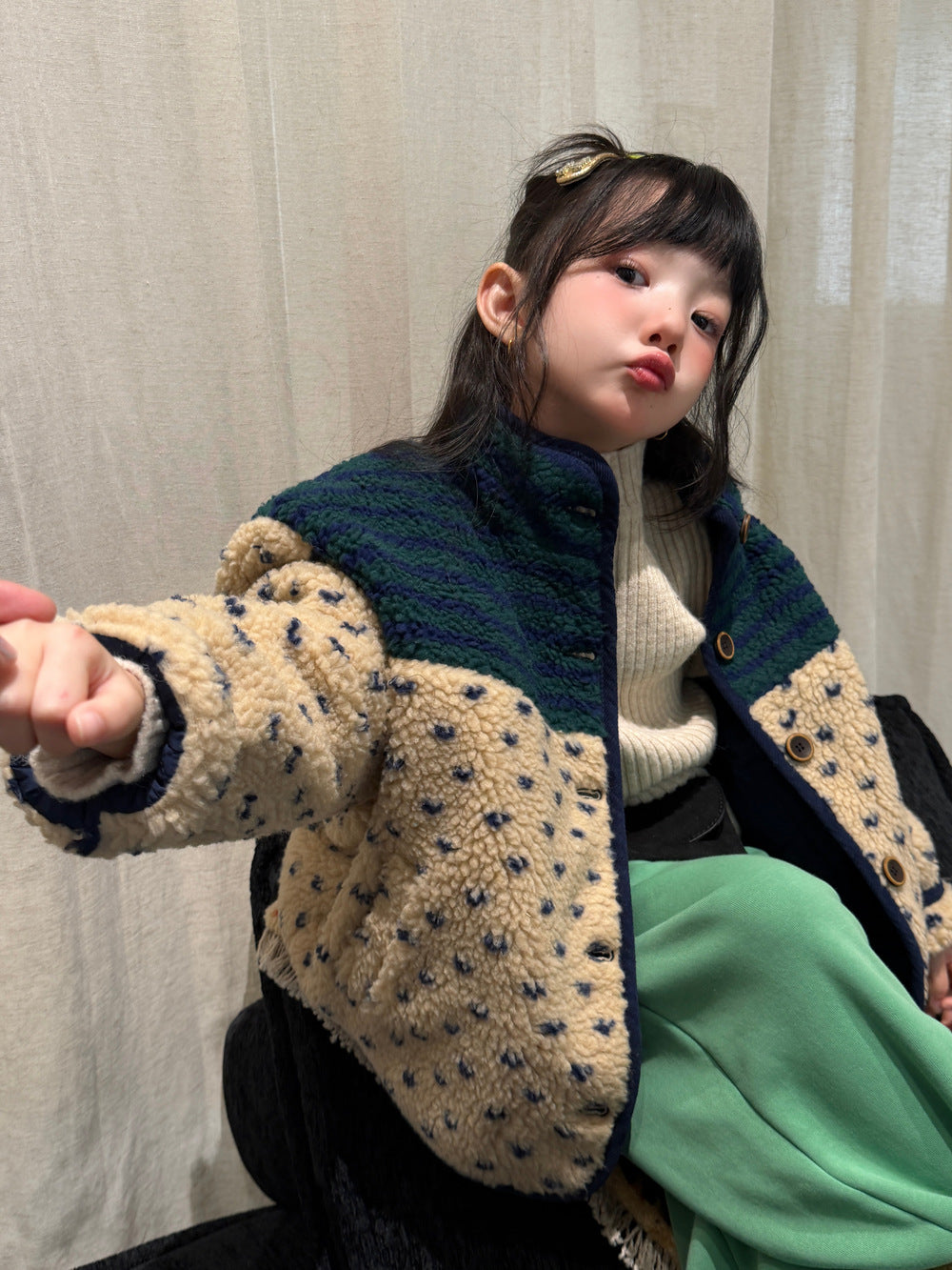 Mo Xiao Meng Children's Wool Sweater 2026 Winter Girls' Korean Color-Block Patchwork Sherpa Jacket Children's Thickened Cotton Jacket【mh0014694】