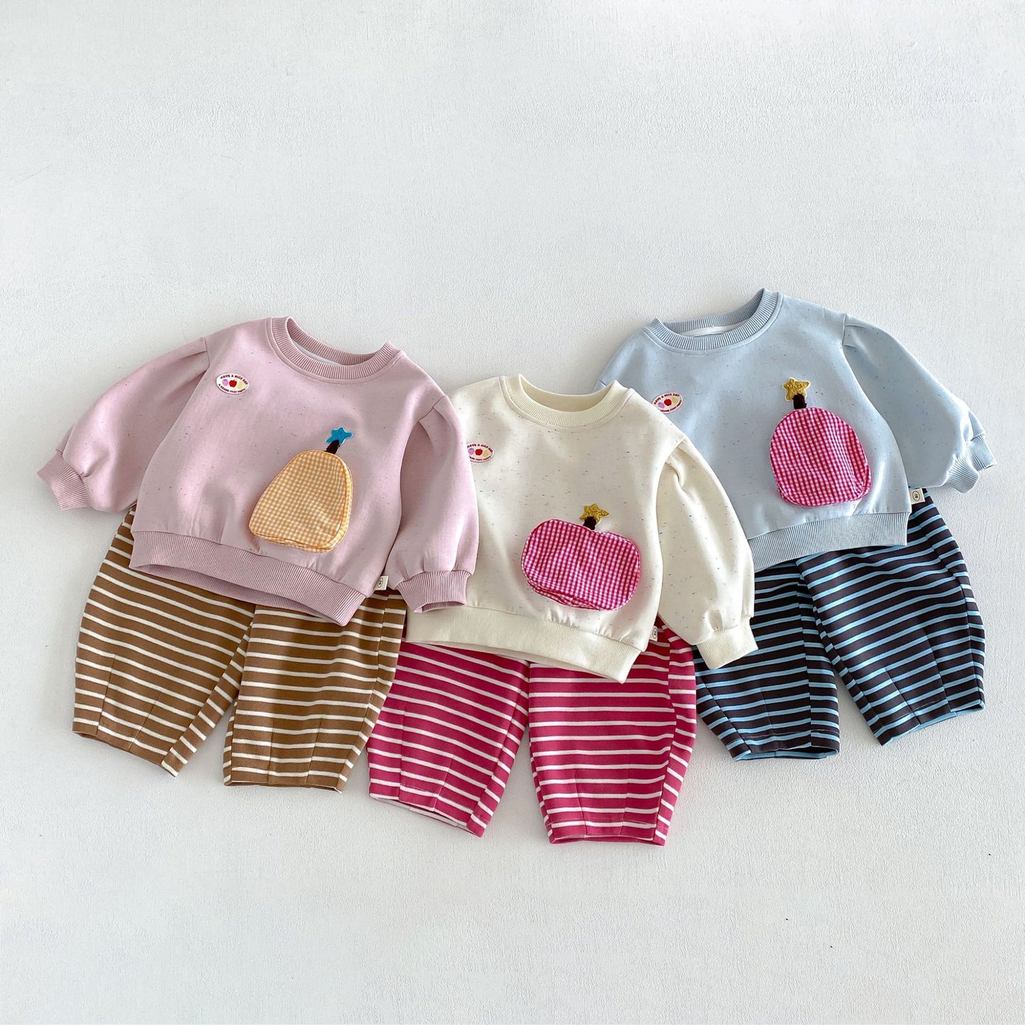 キッズ フルーツ ポケット パッチ 長袖スウェット ボーダー ロングパンツ【mh0014039】